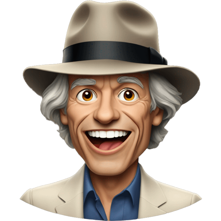 Round but thin face, cigarette in the corner of Mick Jagger's mouth with a malicious smile. Panama hat, neckerchief and rich guy look. emoji