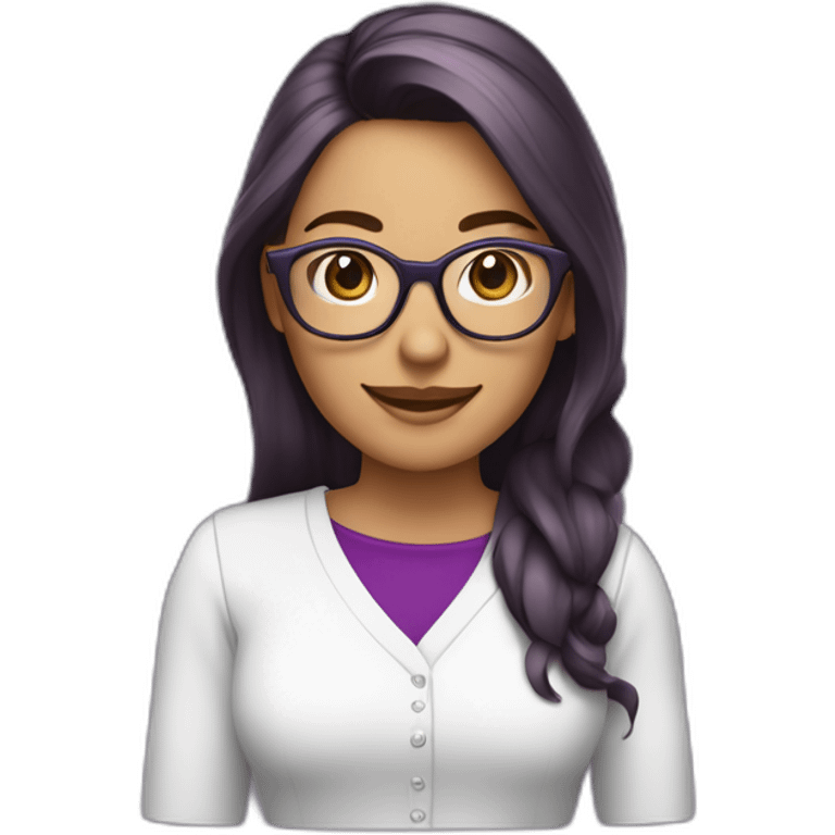 mujer con piel de color blanco con gafas camisa morada sonriente cabello corto y de color marron con un computador emoji