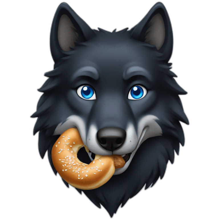 a full black wolf with blue eyes eats a bretzel emoji