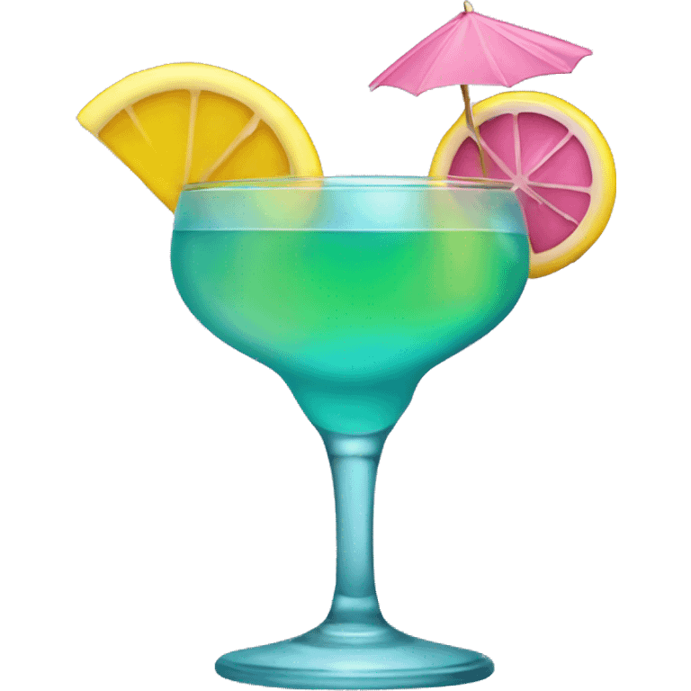 Bluish green cocktail with pink and yellow emoji