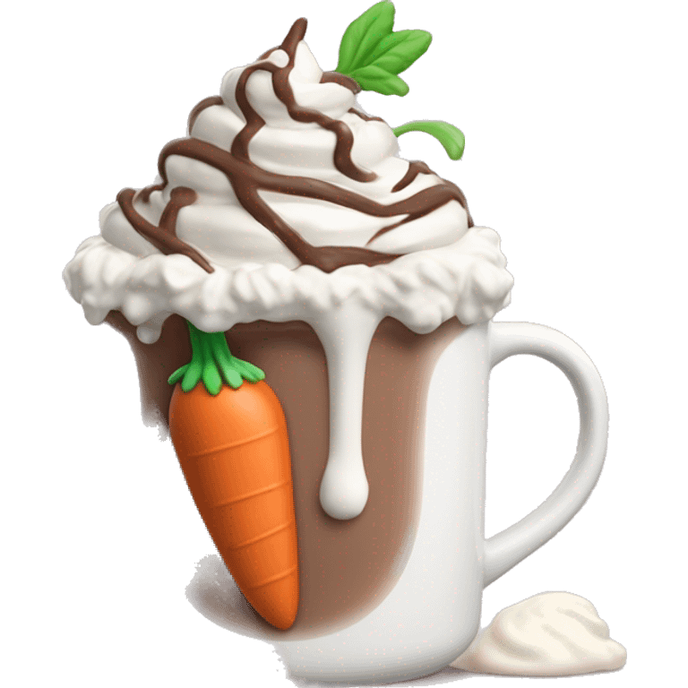 Realistic hot chocolate in pastel color mug with whipped cream on top and a carrot stuck through the whipped cream. emoji