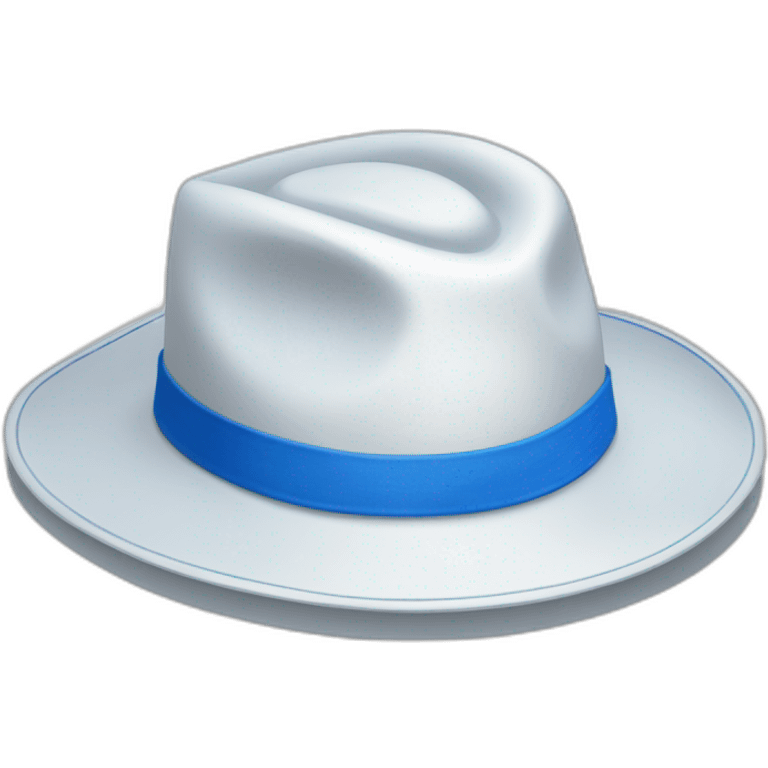 White wide brim hat with blue band and silver pin emoji