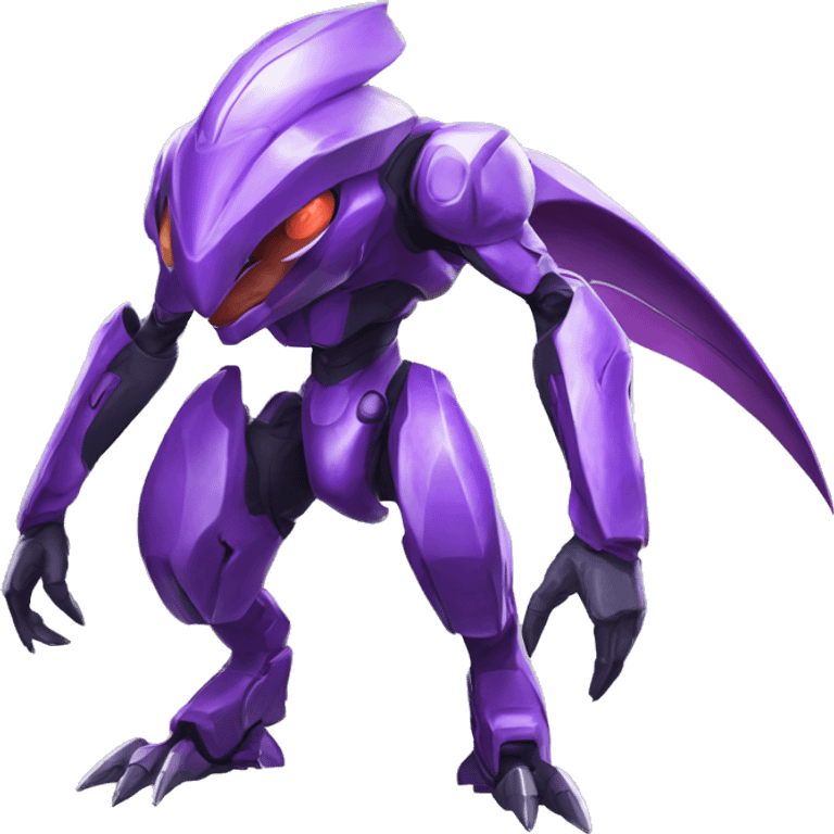 a shiny purple Genesect-Raptor-Fakémon—hybrid with a futuristic visor-helmet full body emoji