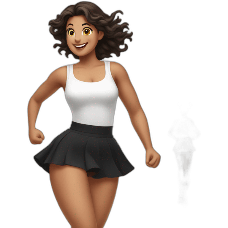 full-body-caucasian-curvy-beauty-jumping-short-black-skirt-back-and-front-views-strong-wind-knickers-long-white-socks emoji