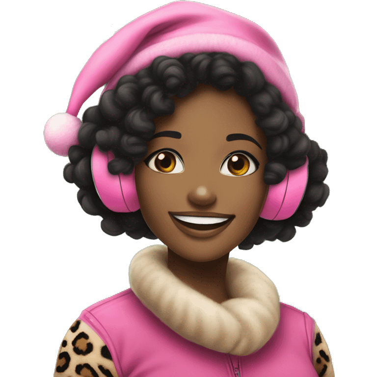 black girl christmas vibe, young adult girl with curll black hair wearing a pink hat & leopard print ear muffs. she has a smile on her face with a natural makeup beat on. she is smiling warmly but not too much. she is giving bad bitch emoji