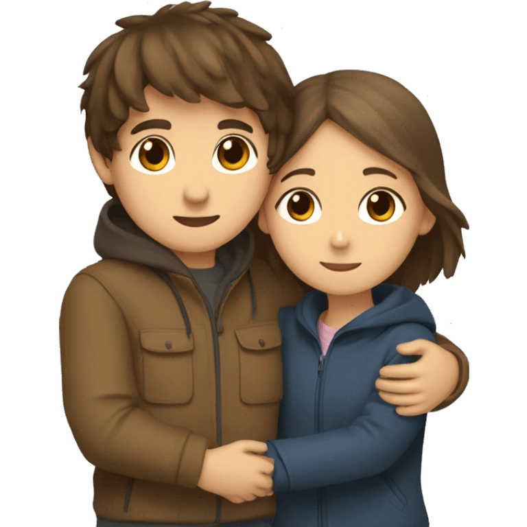 a young boy with brown hair and brown eyes in love hugging a thin girl with brown short straight hair and fringe with big brown eyes and a windbreaker on.  emoji