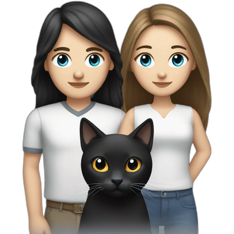 white female with blue-gray eyes and long hair with white male with dark long bob hair and brown eyes holding black cat emoji