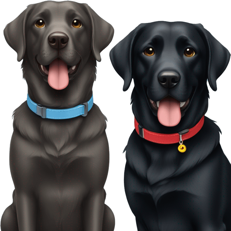 2 happy adult black labradors, one has a red collar, one has a light blue collar,side by side. emoji