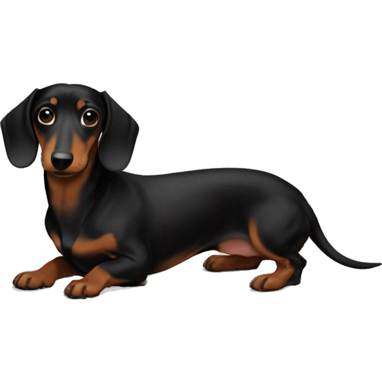 In front of the Christmas tree, there's a black Tan dachshund emoji