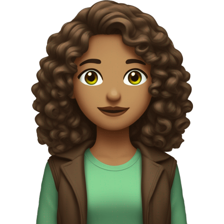 long curly hair brown, brown eyes with a hint of green, eyes positive  canthal tilt ,medium thick shaped eyebrows in dark brown, and medium thin lips, round face shape, soft jawline, full body, american emoji