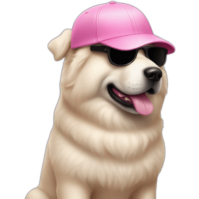 White dog chow chow in Fluffy pink baseball cap and black sunglasses  emoji