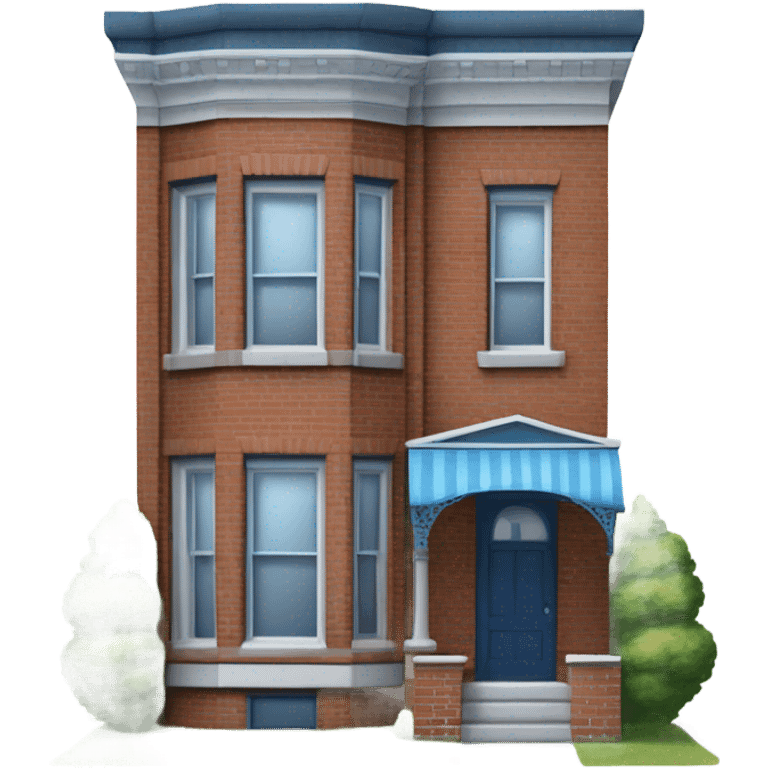 Two story brick row-house with blue clad bay window protruding from the front right and no porch, no front steps emoji