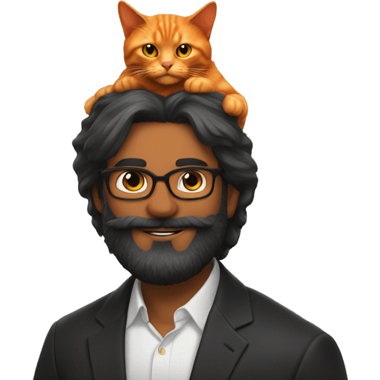 Orange and black cat sitting on bearded mans head emoji