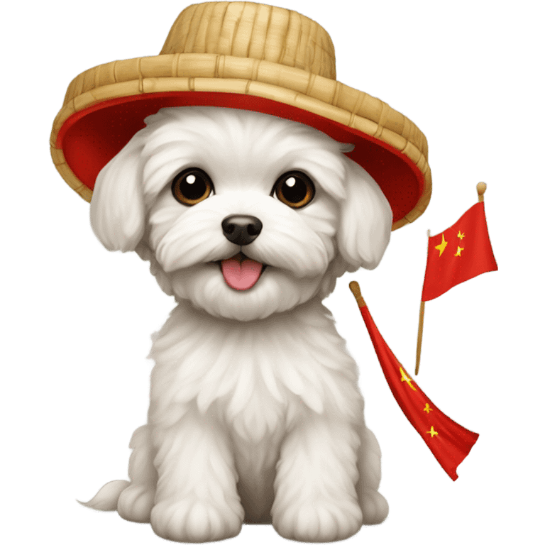 Maltipoo with bamboo hat and Chinese flag emoji