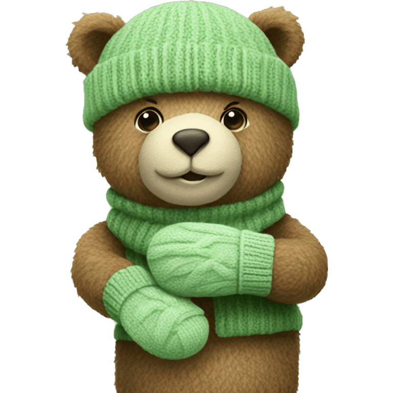 Cute Bear with knitted Sage green mittens emoji