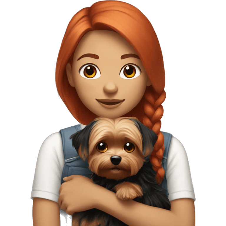 a girl with red hair and light skin up to her shoulders holds a black-golden Yorkie in her arms emoji