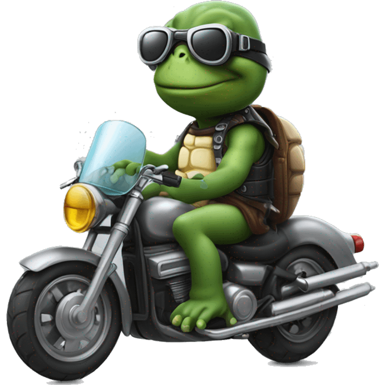 A cartton turttle on a motorbike with a jet helmet and glases, making a V eith the hand emoji