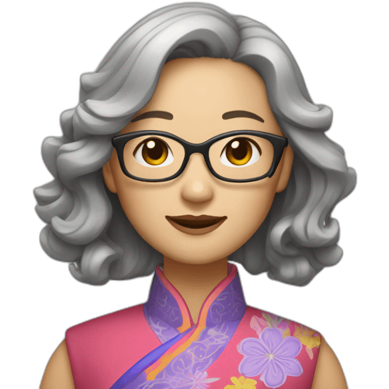 Chinese lady with like Lai gray hair wavy hair to the shoulder length where Chinese dress colourful dress wear glasses emoji