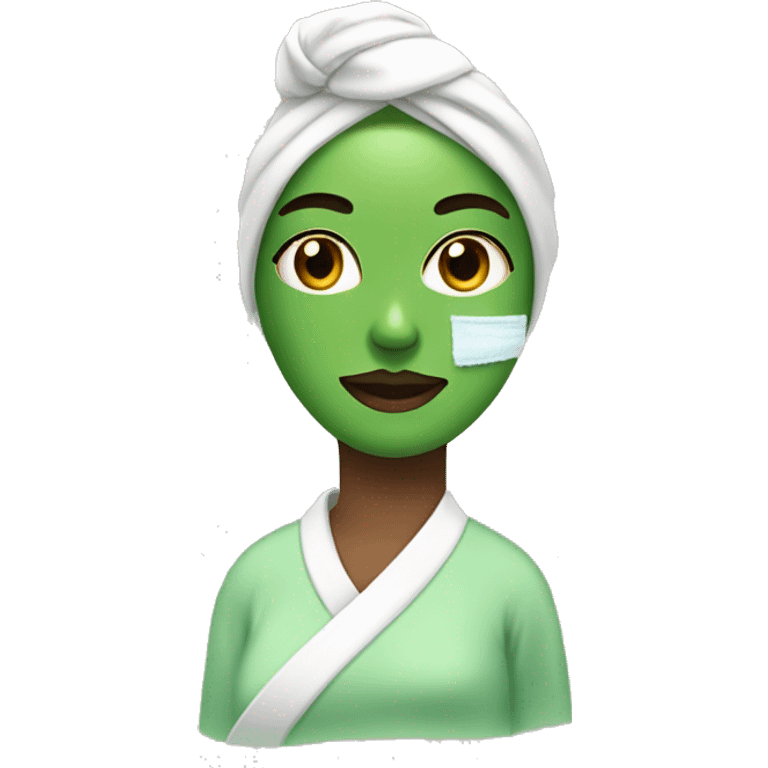 Girl with hair wrapped in towel doing skincare with green face mask on emoji