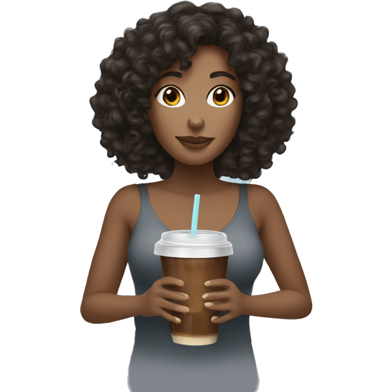 Woman with dark curly hair drinking iced coffee emoji