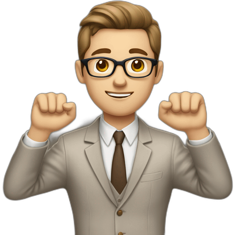 To belt Actively gesturing with hands Pale skinned fit man with dark brown hair in gray jacket, beige office shirt, brown tie, brown pants and vintage glasses. emoji