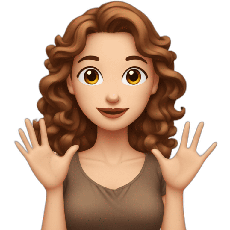 white beautiful woman, brown wavy hair, heart gesture by two hands, long earrings emoji