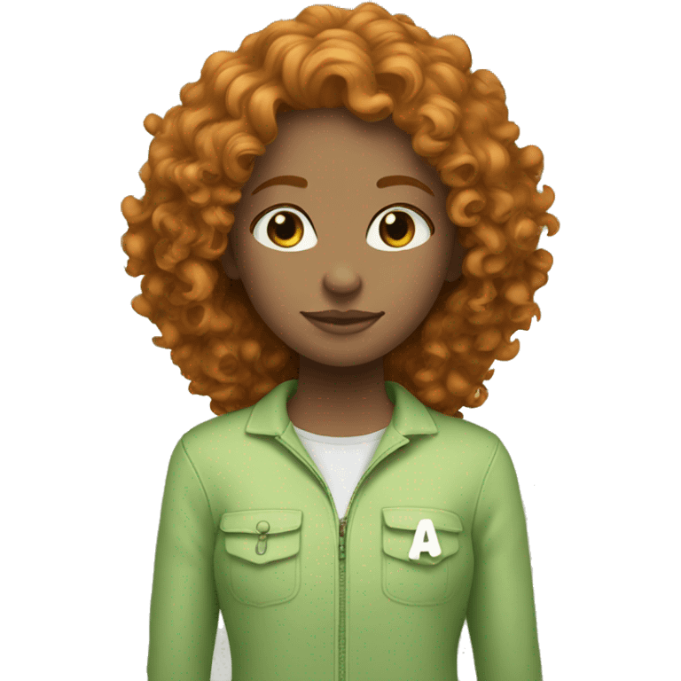 a girl, ginger curly hair light green clothes with peace  emoji