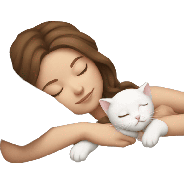 White girl brown hair sleeping with white kitty emoji