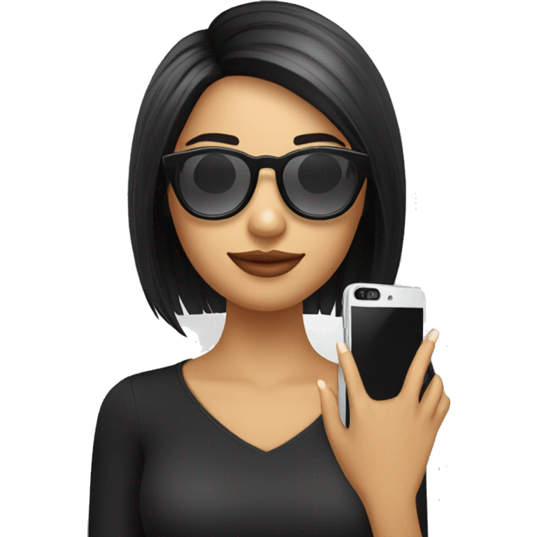 Chica morena de cabello largo y gafas negras con celular en la mano emoji