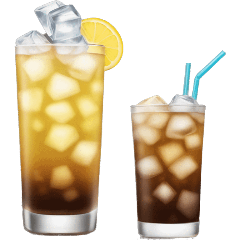 a tall and thin highball cocktail with 2 colors, brown on the bottom and light yellow on top with crush ice and a straw, juste one drink, clear separation between colors emoji