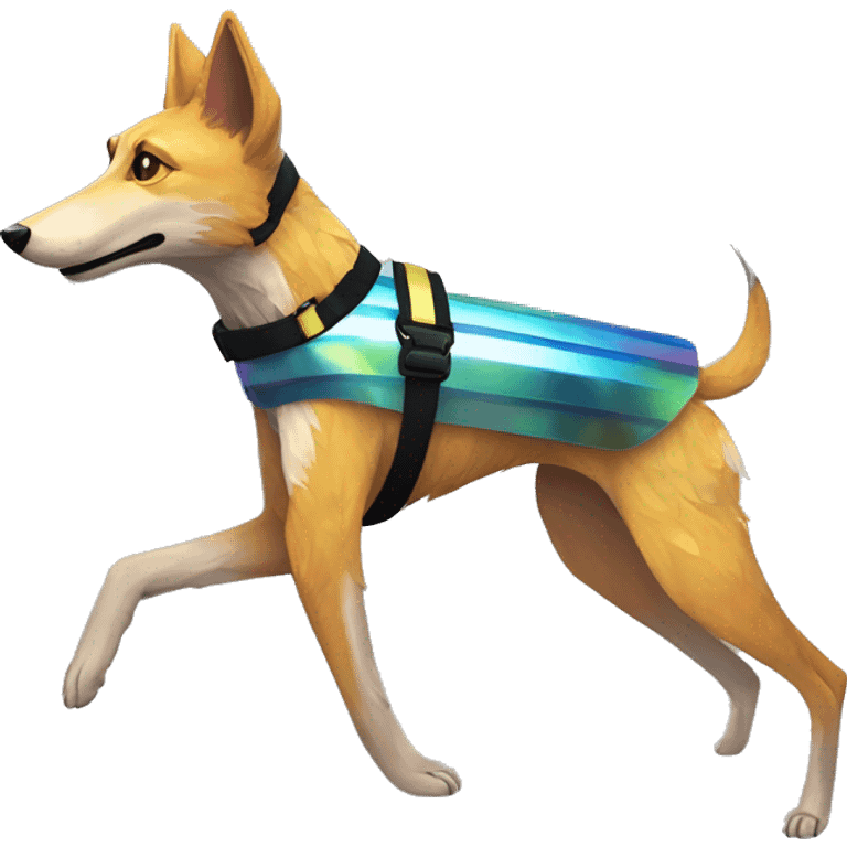  brindle brown black maroon striped lurcher Alsatian fox running blue eyes and iridescent holographic oilslick harness wearing paper iridescent tropical flower crown yellow caution tape emoji