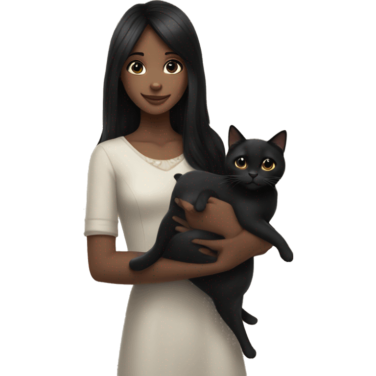 A girl with black hair and black eyes, large and very beautiful, gently smiling, holding a black cat in her hand—absolutely stunning. emoji