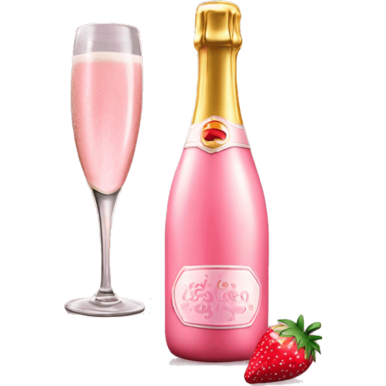 Realistic pink champagne bottle and pink clear glass full of the champagne with a strawberry in it. emoji