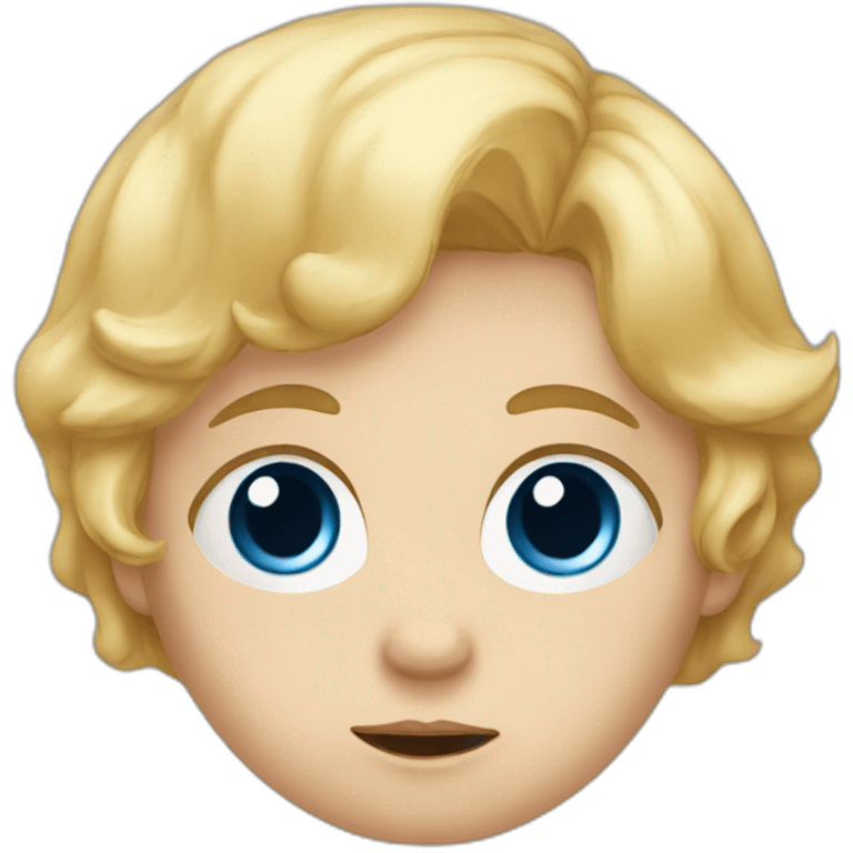 A baby with blond hair, blue eyes and a blue t-shirt and a sad face emoji