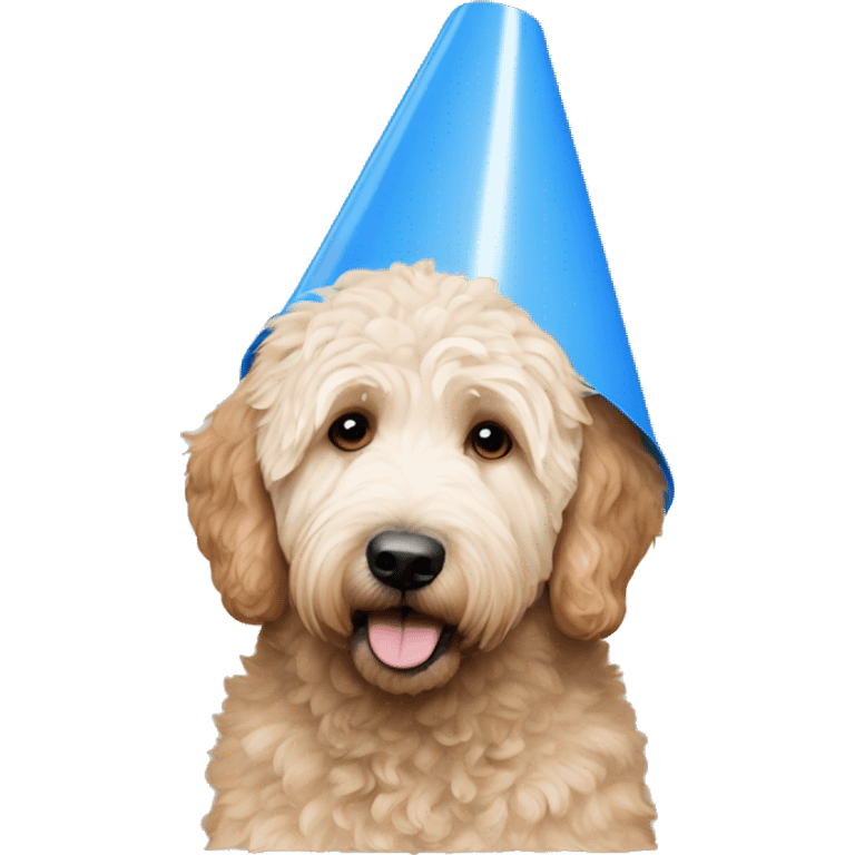 golden doodle wearing blue cone of shame  emoji