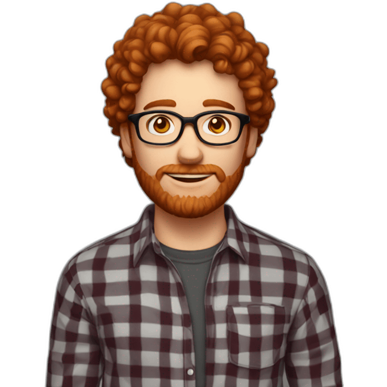 man. around 25. redhead. curly hair. with beard and glasses. black and red checked shirt. emoji