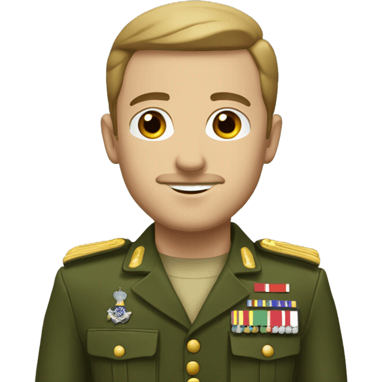 White man with brown side part and a small moustache with a green military uniform emoji