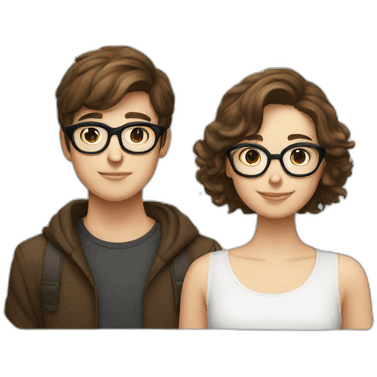 italian young cool couple brown hairs and white skin, boy with rounded glasses emoji