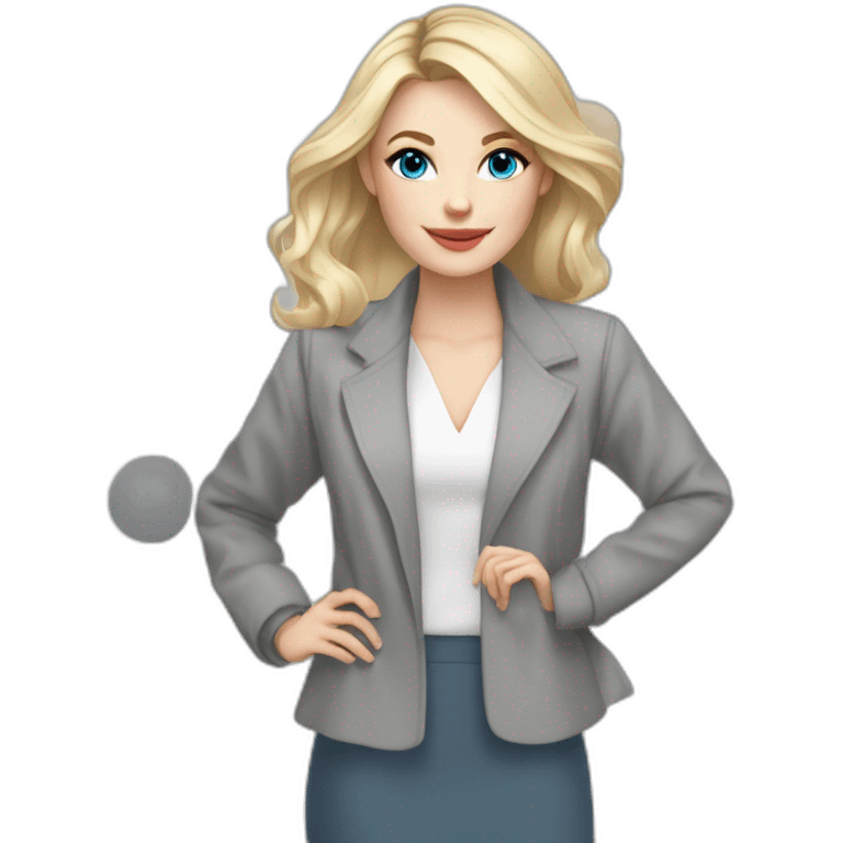 pale skin woman interior designer with cold blonde middle length hair, blue eyes, White blouse, Gray oversize jacket, Gray skirt holding a color palette in the hands emoji