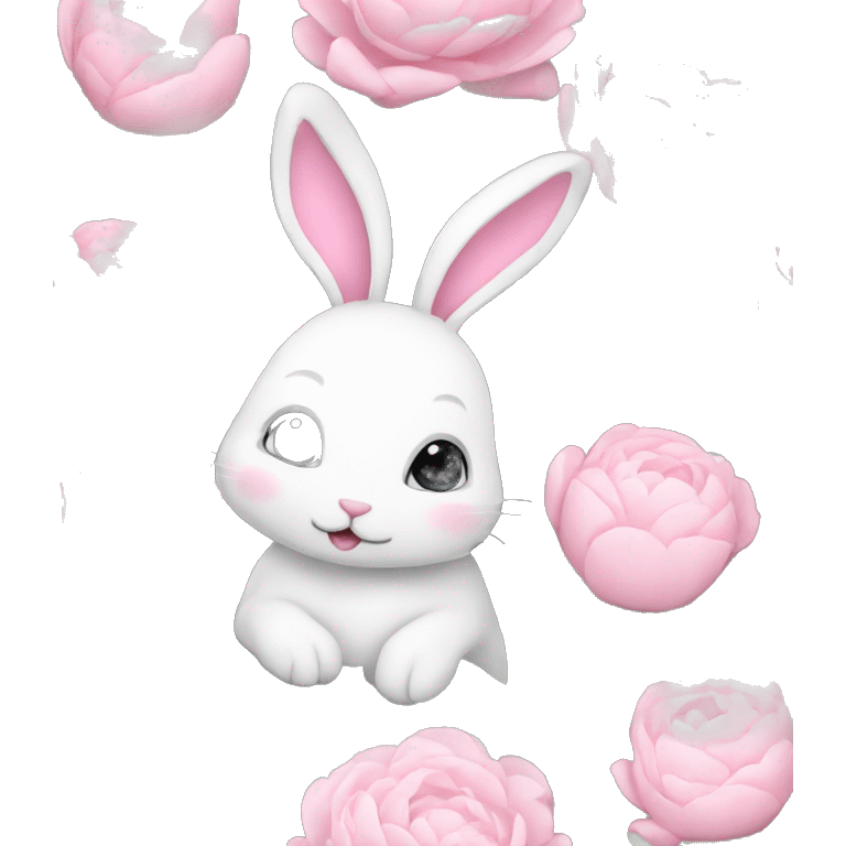 cute white bunny holding light pink peonies emoji