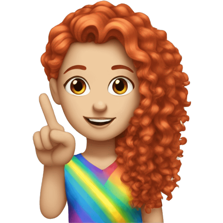 a white girl with long red curly hair in a pony tail with rainbow shirt does peace sign  emoji