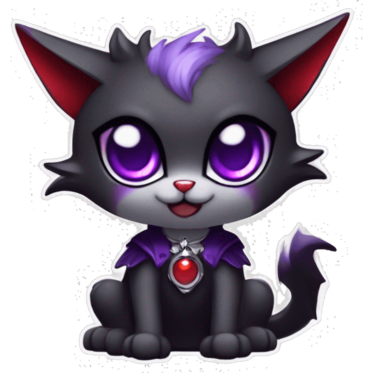 Anthro-Cute-Edgy-Cool-Vampiric-Batty-Cat-Black-Purple-Red-Grey-White-Yellow-Contrast-Colors-Fantasy-Fur-Sona-Chibi-Shiny-Fakémon-Hybrid with horns and fangs and collar full body emoji