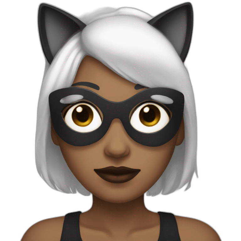 A woman with white hair and cat ears and a black mask around her eyes emoji