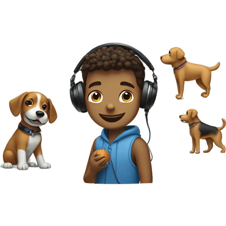 A boy playing with a dog with a ball, while listening to music on airpods and flying a drone emoji