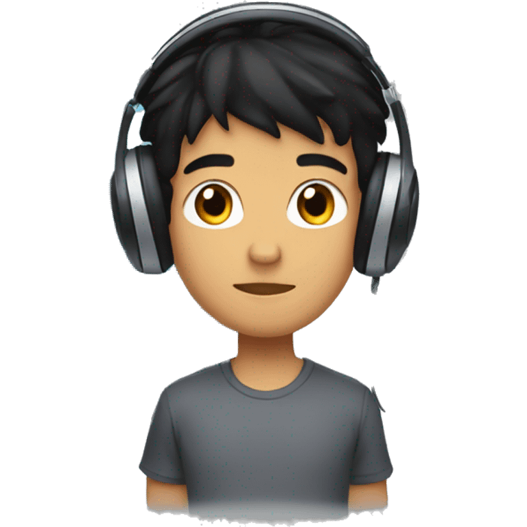 a boy with black hair and a tanned complexion, with a small barely visible moustache. He wears headphones and uses a laptop.  emoji