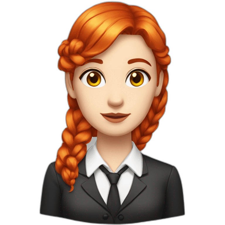 White Woman, red hair with fishtail braids and side swipe bangs, red hair, yellow eyes, white button up shirt, black tie. emoji