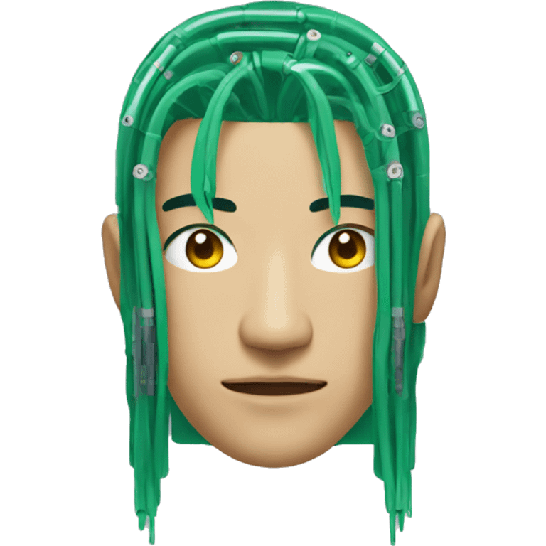 Head of Asian male cyborg with long green hair and circuits emoji