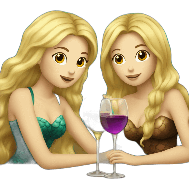 One blond mermaid and two brown hair mermaids drinking wine emoji