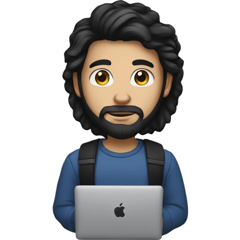 white young man with black beard an long hair and a macbook in her hand emoji