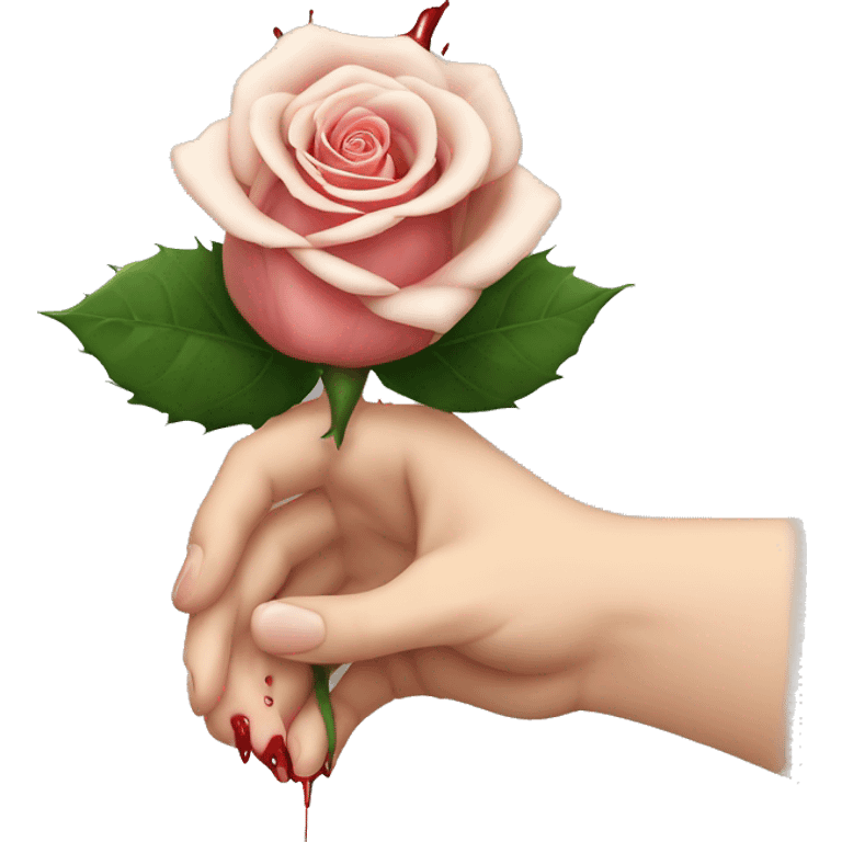 An image of a hand holding a rose, with a thorn piercing the skin, showing a small drop of blood emoji